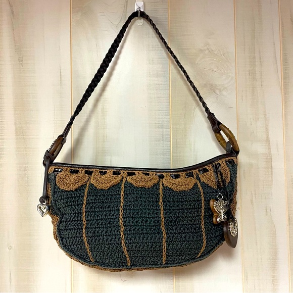 Brighton Handbags - Vintage Brighton Crochet Black & Tan Hobo Bag Braided Handle, Leather Trim